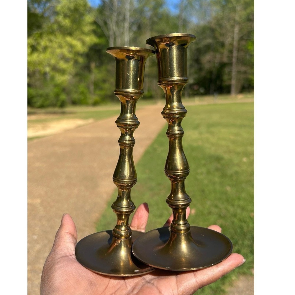 Candlesticks Home 7in‎ Gold Brass Spindle Vintage